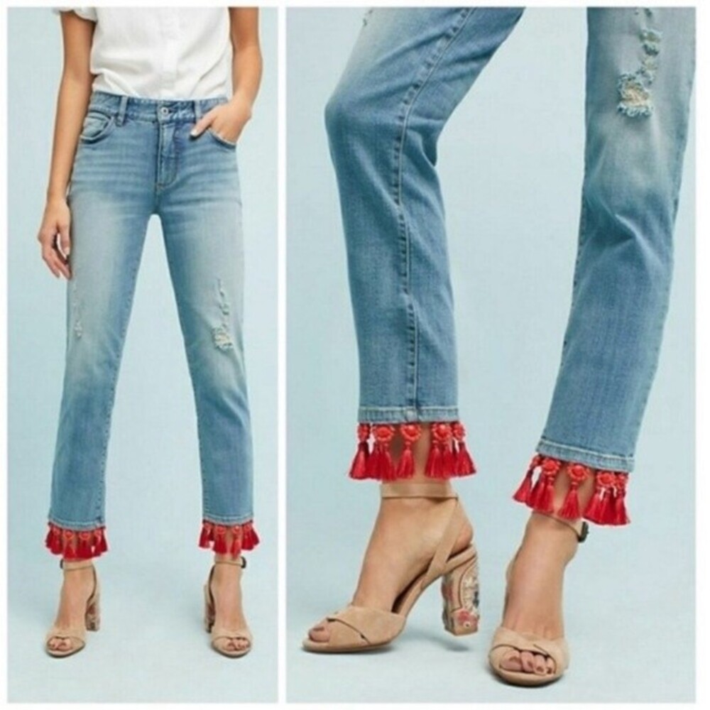 Anthropologie Pilcro Red Beaded Tassel Hem Slim Boyfriend Jeans Size 25